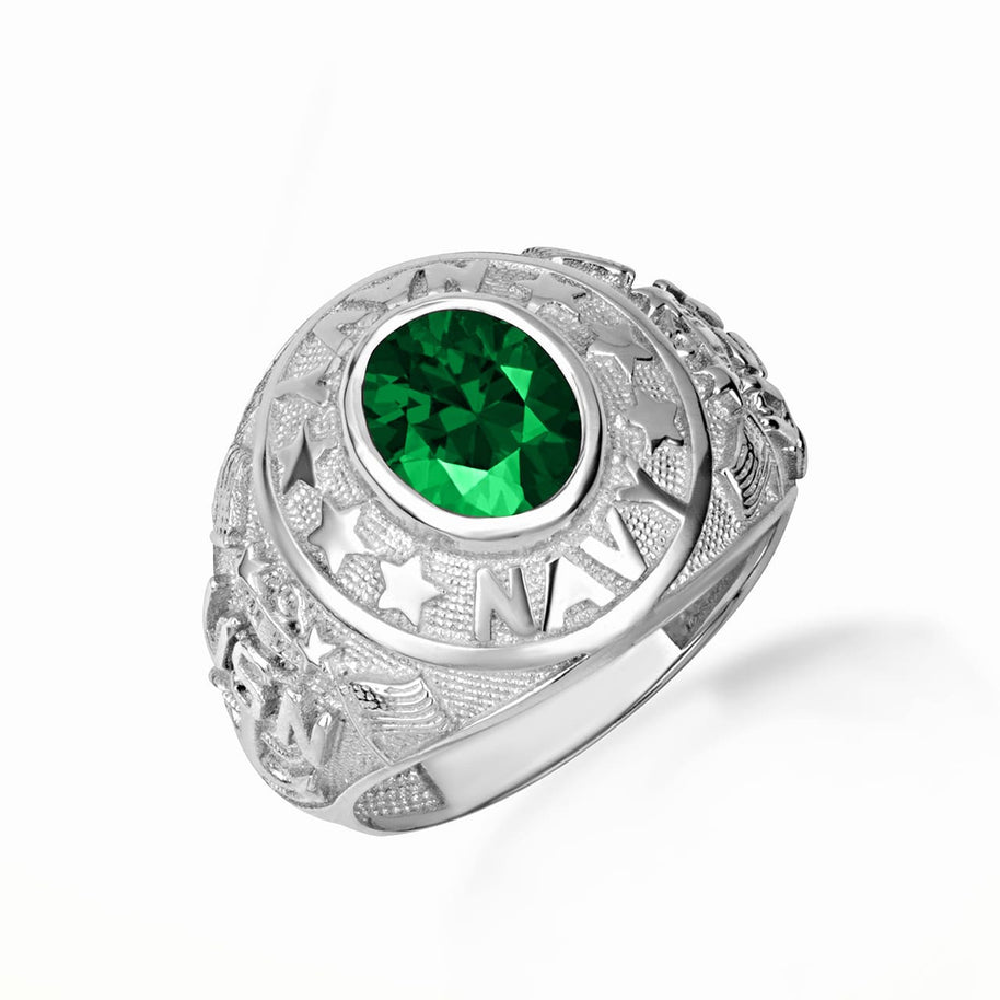 .925 Sterling Silver United States Navy Cubic Zirconia Birthstone Officially Licensed Men's Ring