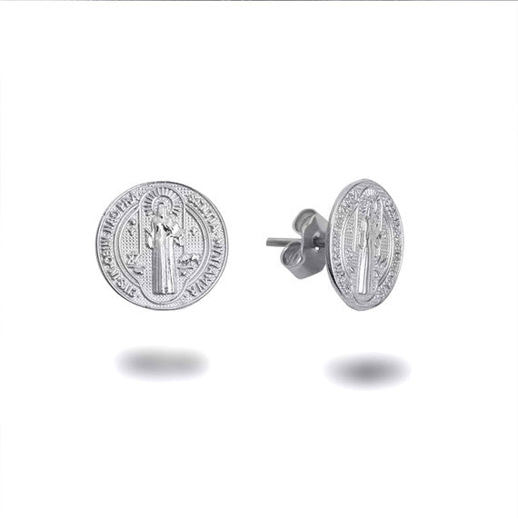 Gold Patron Saint Benedict Medal Stud Earrings (Available in Yellow/White Gold)