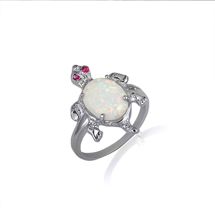 Gold Opal & Ruby Birthstone Sea Turtle Ring (Available in Yellow/Rose/White Gold)