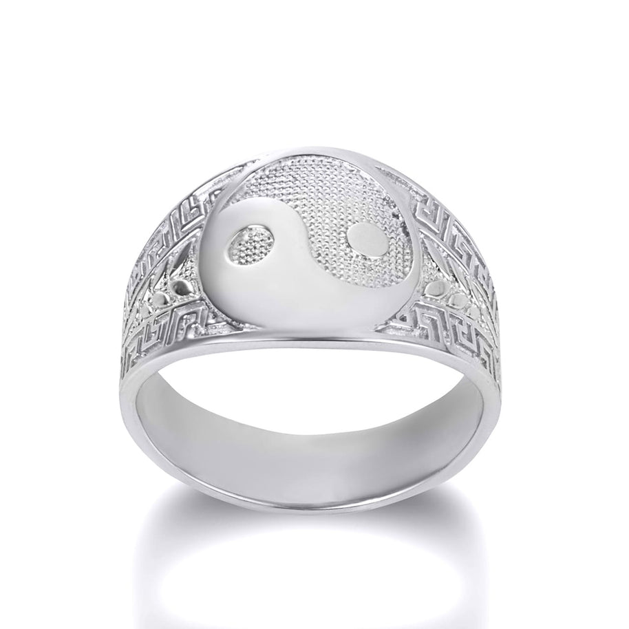 Gold Large Chinese Yin & Yang Tai Chi Textured Greek Key Olive Branch Ring (Available in Yellow/Rose/White Gold)