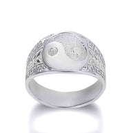 Gold Large Chinese Yin & Yang Tai Chi Textured Greek Key Olive Branch Ring (Available in Yellow/Rose/White Gold)