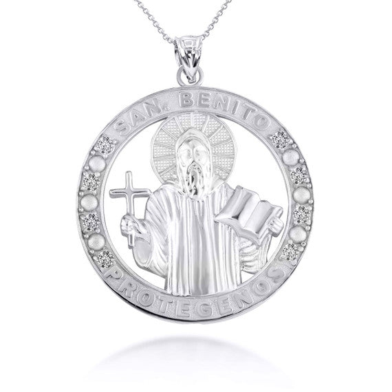 .925 Sterling Silver Cubic Zirconia Patron Saint Benedict Medal Round Pendant Necklace