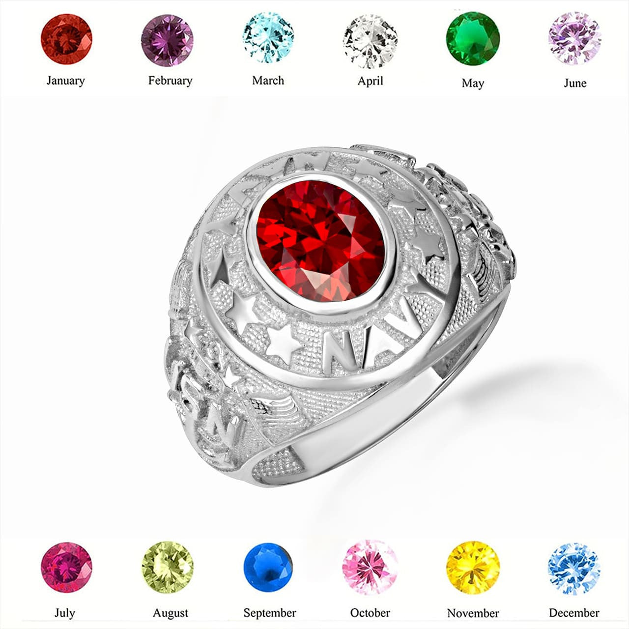 .925 Sterling Silver United States Navy Cubic Zirconia Birthstone Officially Licensed Men's Ring