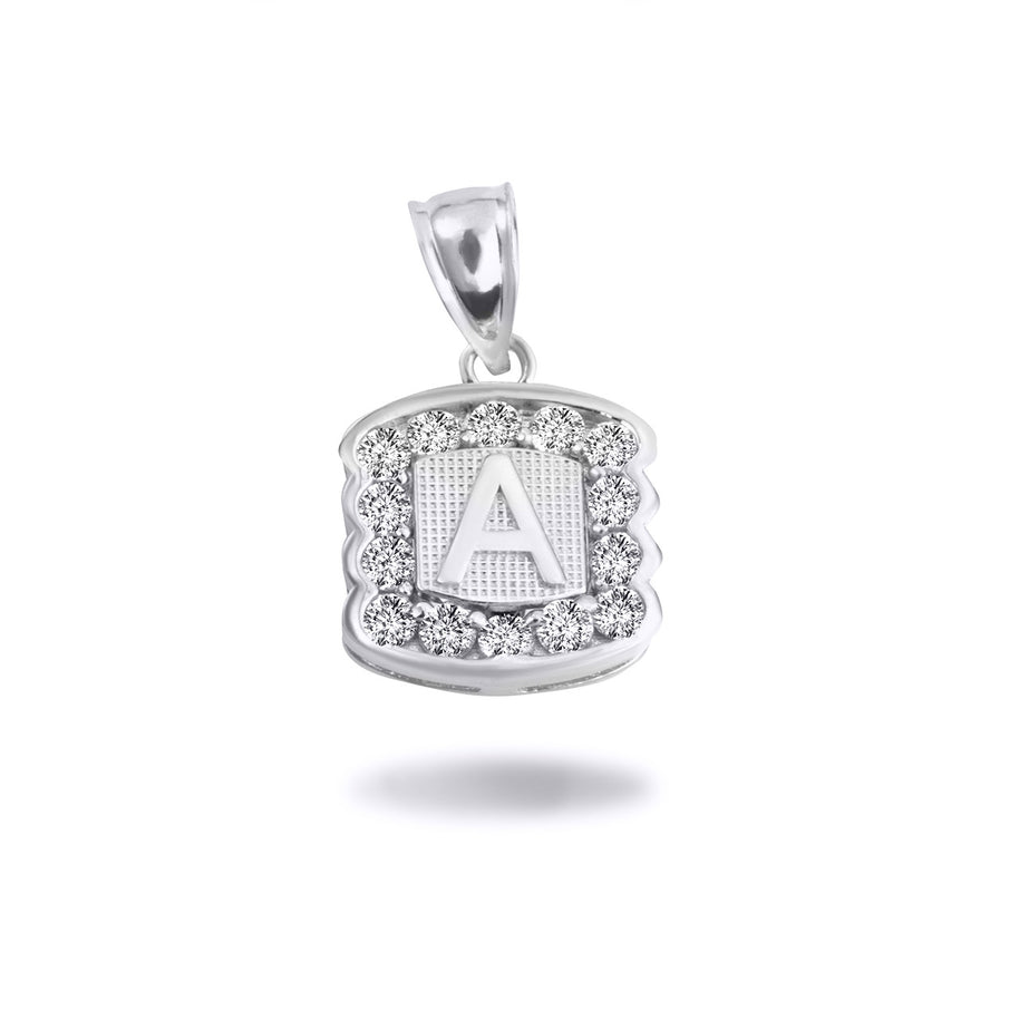 Silver Hammered CZ Initial Letter Pendant Necklace