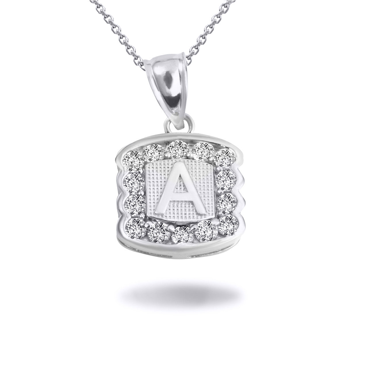 Silver Hammered CZ Initial Letter Pendant Necklace