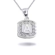 Silver Hammered CZ Initial Letter Pendant Necklace