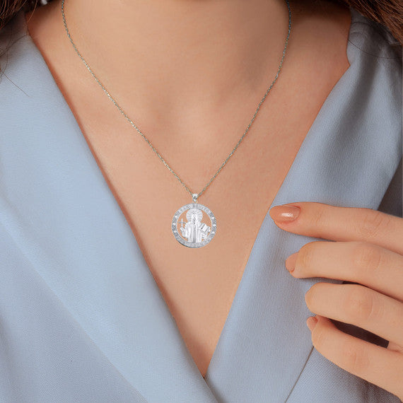.925 Sterling Silver Cubic Zirconia Patron Saint Benedict Medal Round Pendant Necklace