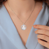 .925 Sterling Silver Cubic Zirconia Patron Saint Benedict Medal Round Pendant Necklace
