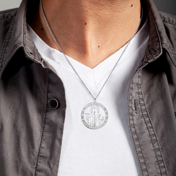 .925 Sterling Silver Cubic Zirconia Patron Saint Benedict Medal Round Pendant Necklace