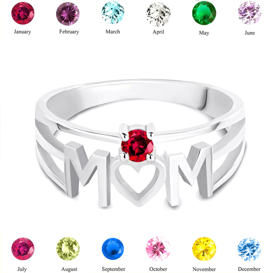 Silver Personalized Mom Heart 1 Birthstone Mother's Ring