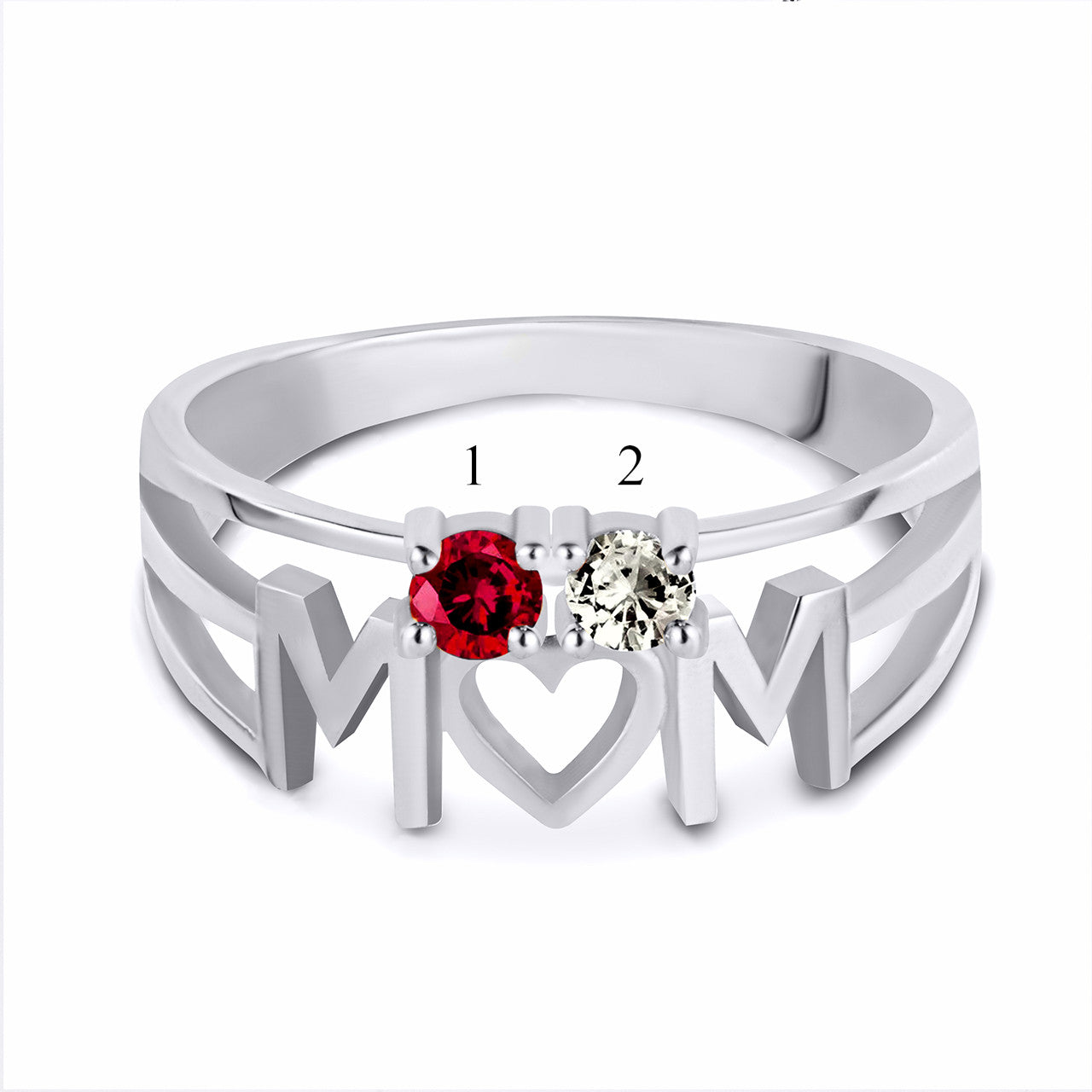 Silver Personalized Mom Heart 2 Birthstones Mother's Ring