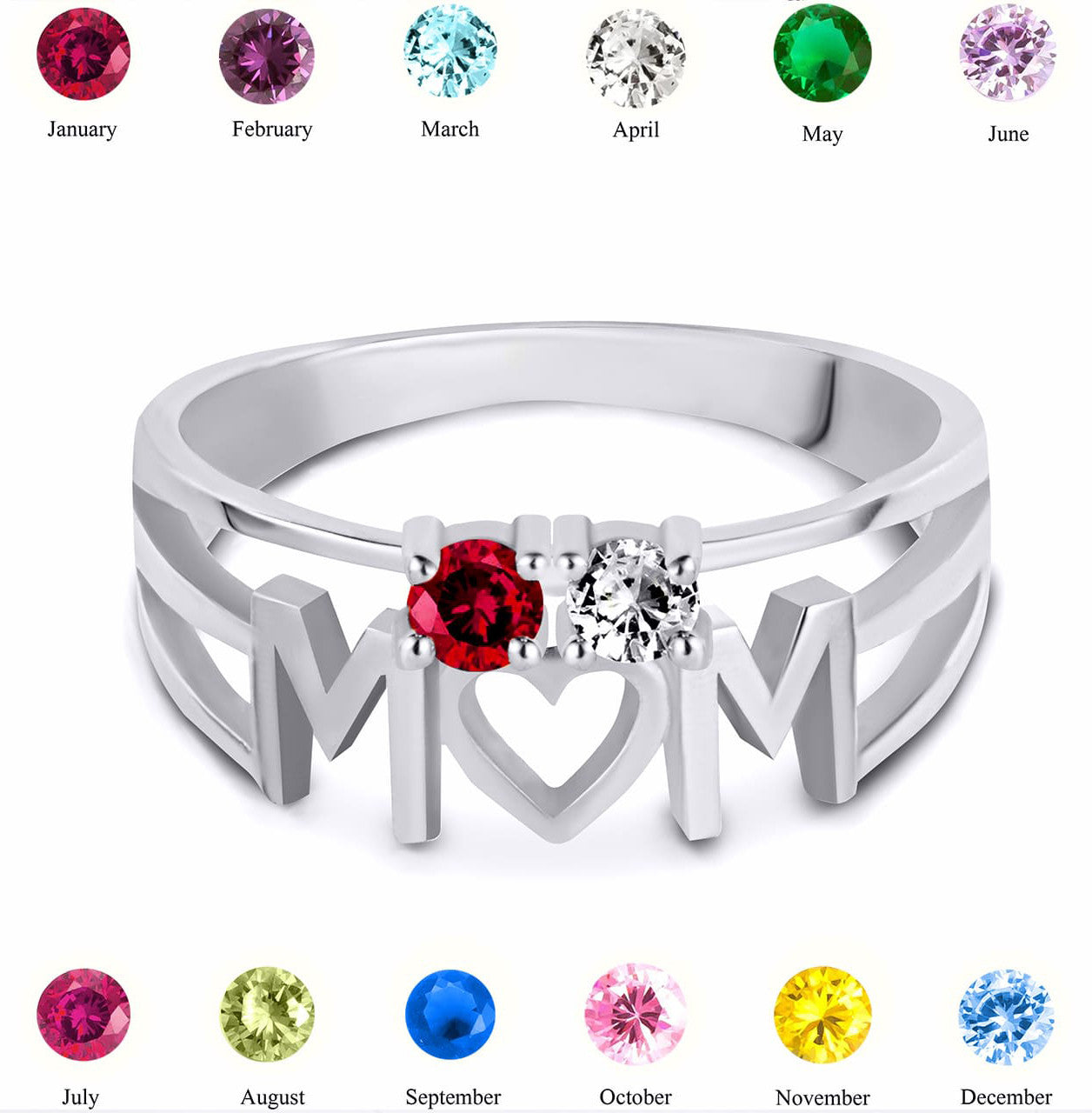 Silver Personalized Mom Heart 2 Birthstones Mother's Ring