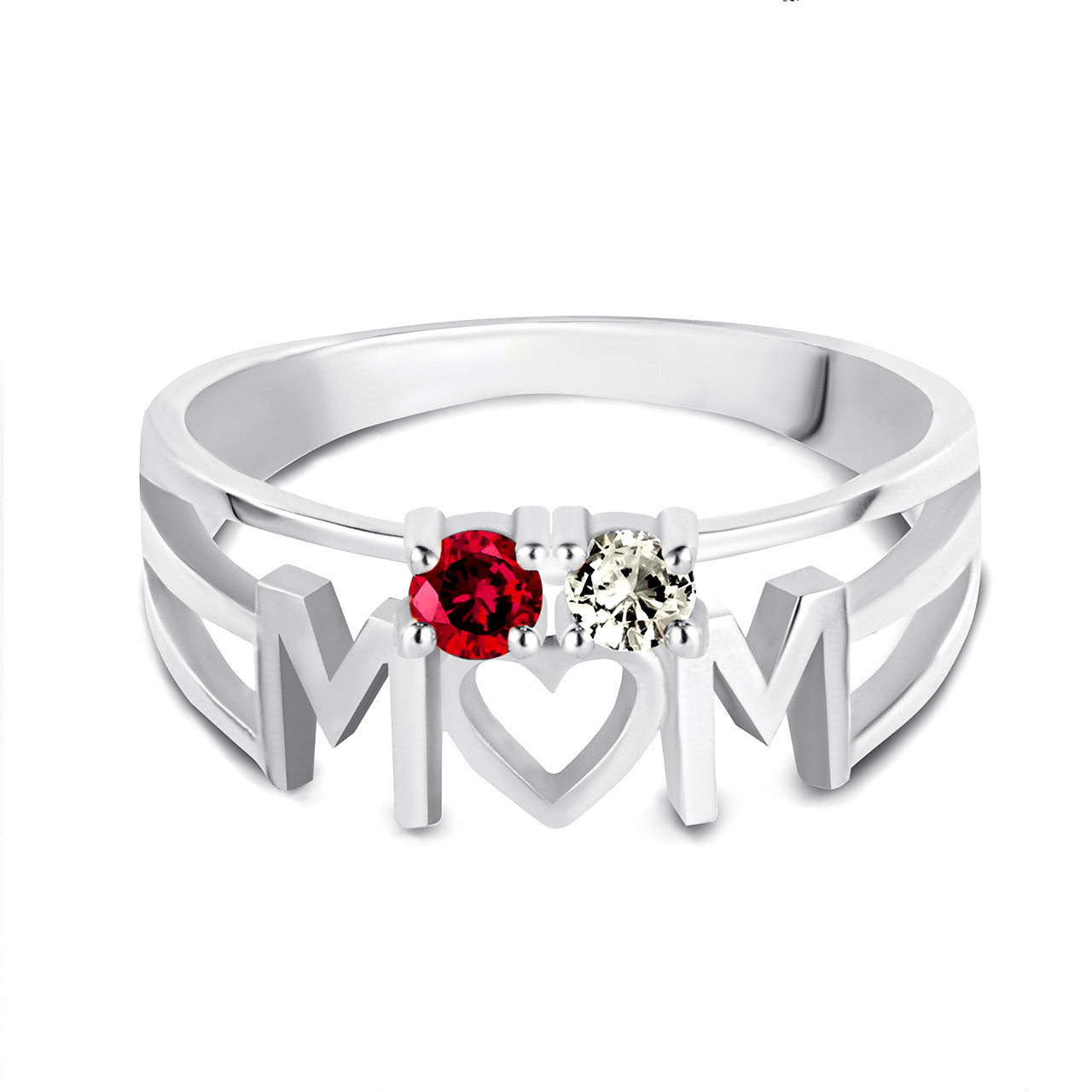 Silver Personalized Mom Heart 2 Birthstones Mother's Ring