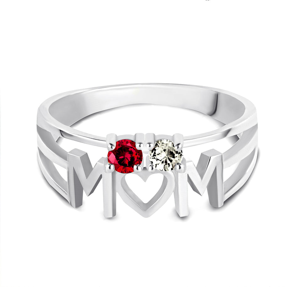 Silver Personalized Mom Heart 2 Birthstones Mother's Ring