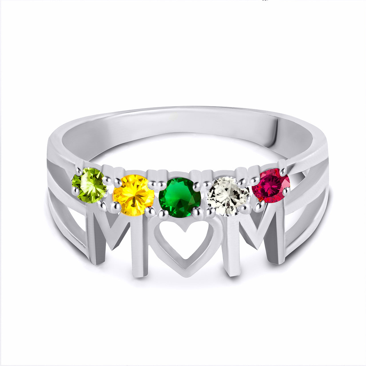 Gold Personalized Mom Heart 5 Birthstones Mother's Ring (Available in Yellow/Rose/White Gold)