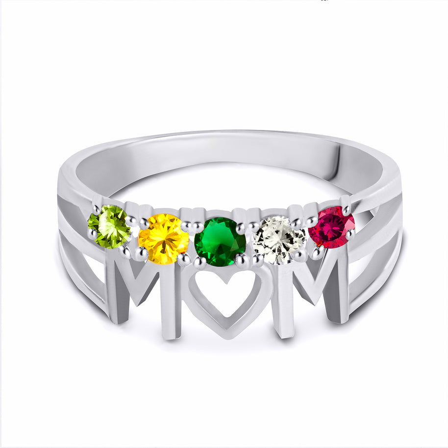 Gold Personalized Mom Heart 5 Birthstones Mother's Ring (Available in Yellow/Rose/White Gold)