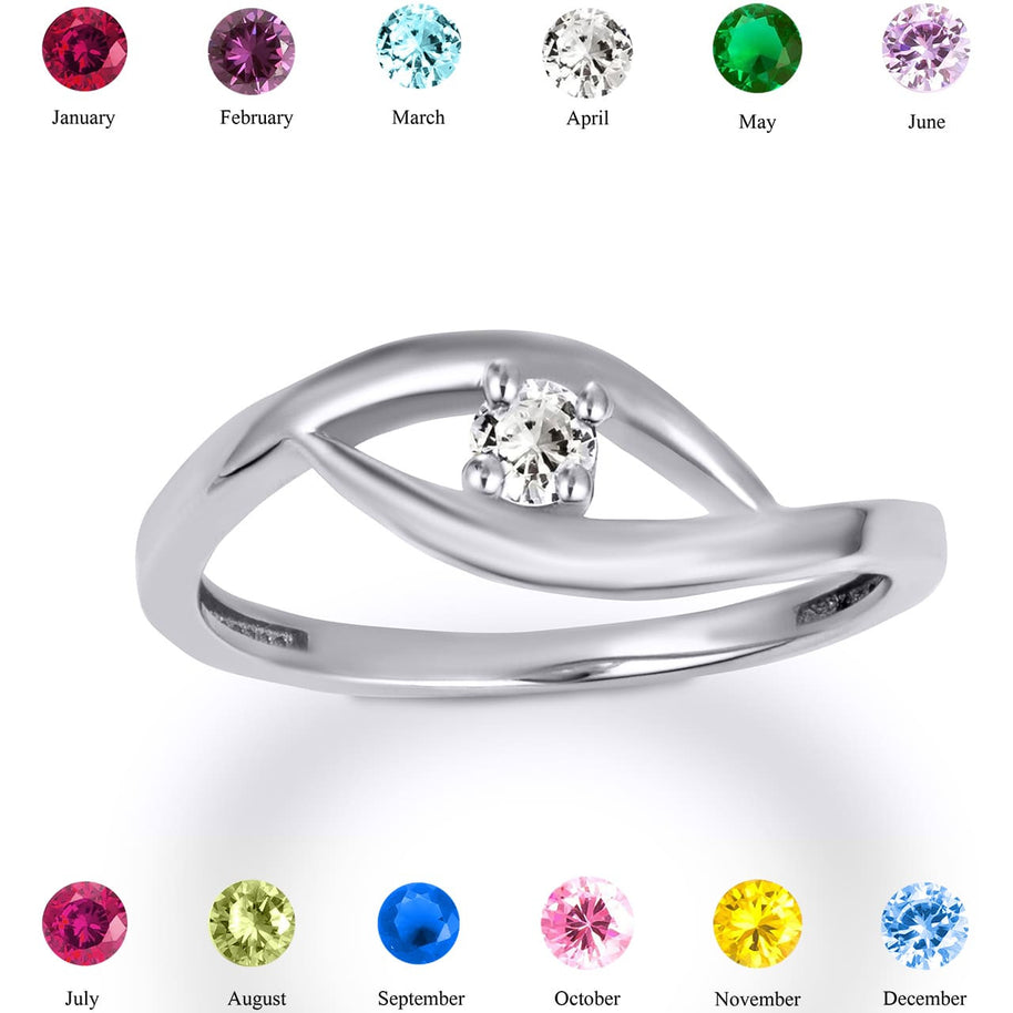 .925 Sterling Silver Personalized Lab Created Birthstone Wavy Band Ring