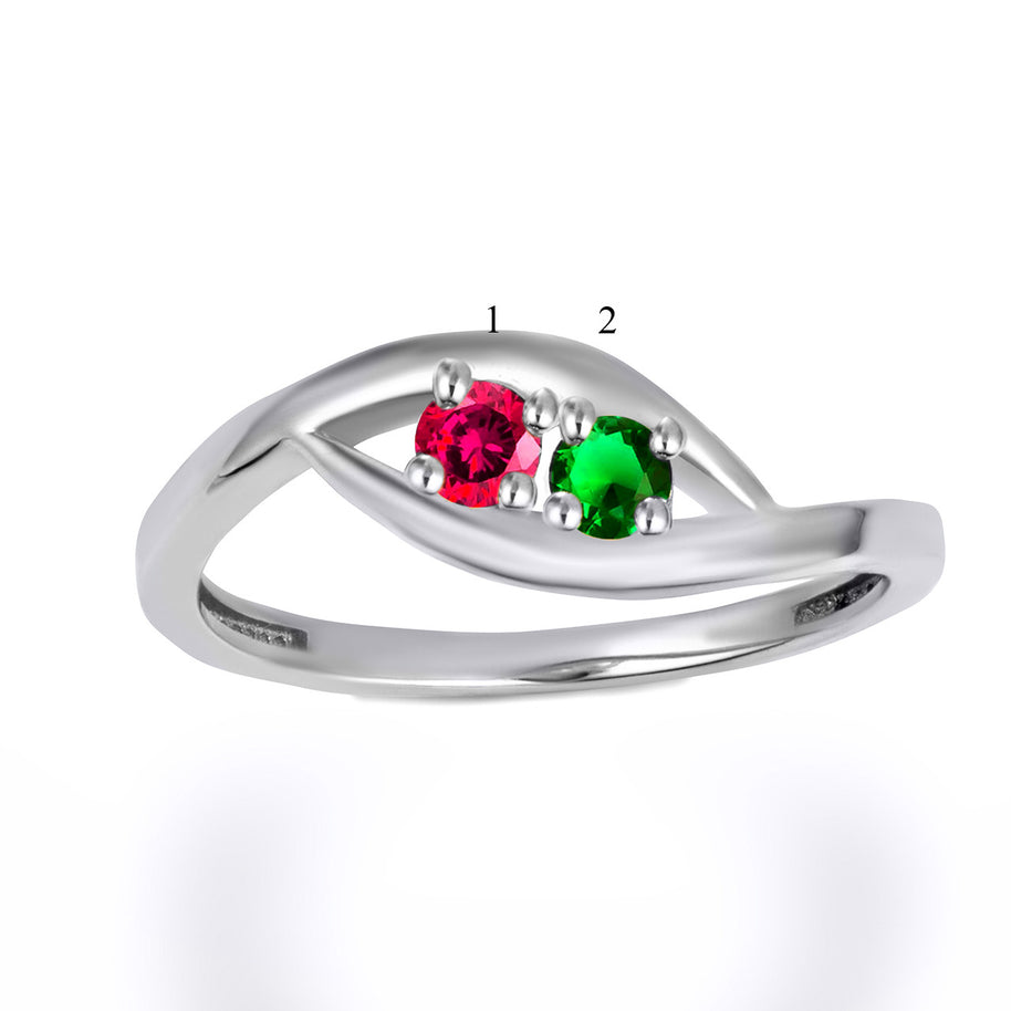 Gold Personalized Lab Created Two Birthstone Wavy Band Ring (Available in Yellow/Rose/White Gold)