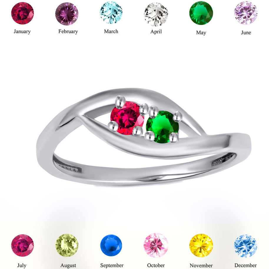 .925 Sterling Silver Personalized Lab Created Two Birthstone Wavy Band Ring
