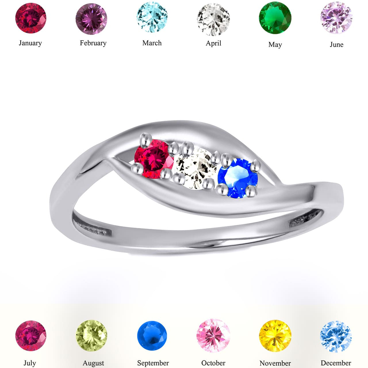 .925 Sterling Silver Personalized Lab Created Three Birthstone Wavy Band Ring
