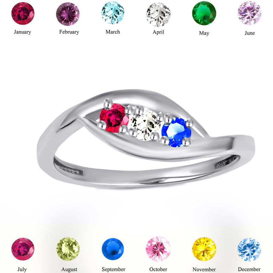 .925 Sterling Silver Personalized Lab Created Three Birthstone Wavy Band Ring