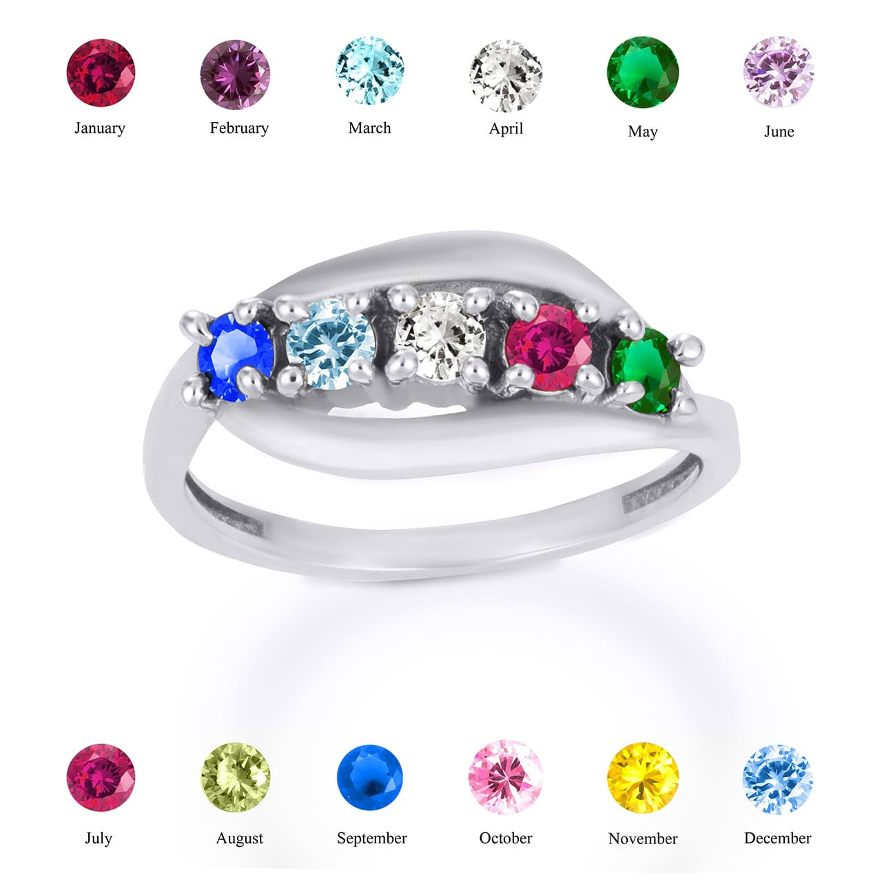 .925 Sterling Silver Personalized Lab Created Five Birthstone Wavy Band Ring