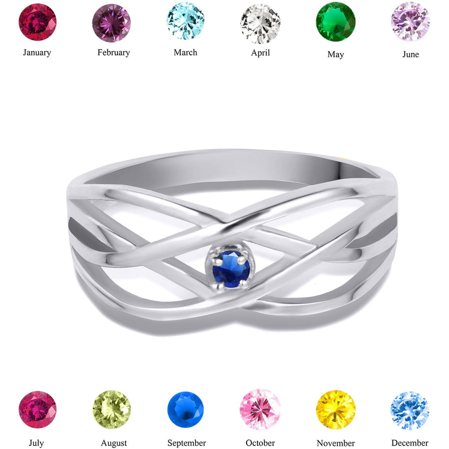 Silver Personalized 1 Birthstone Cross Over Ring