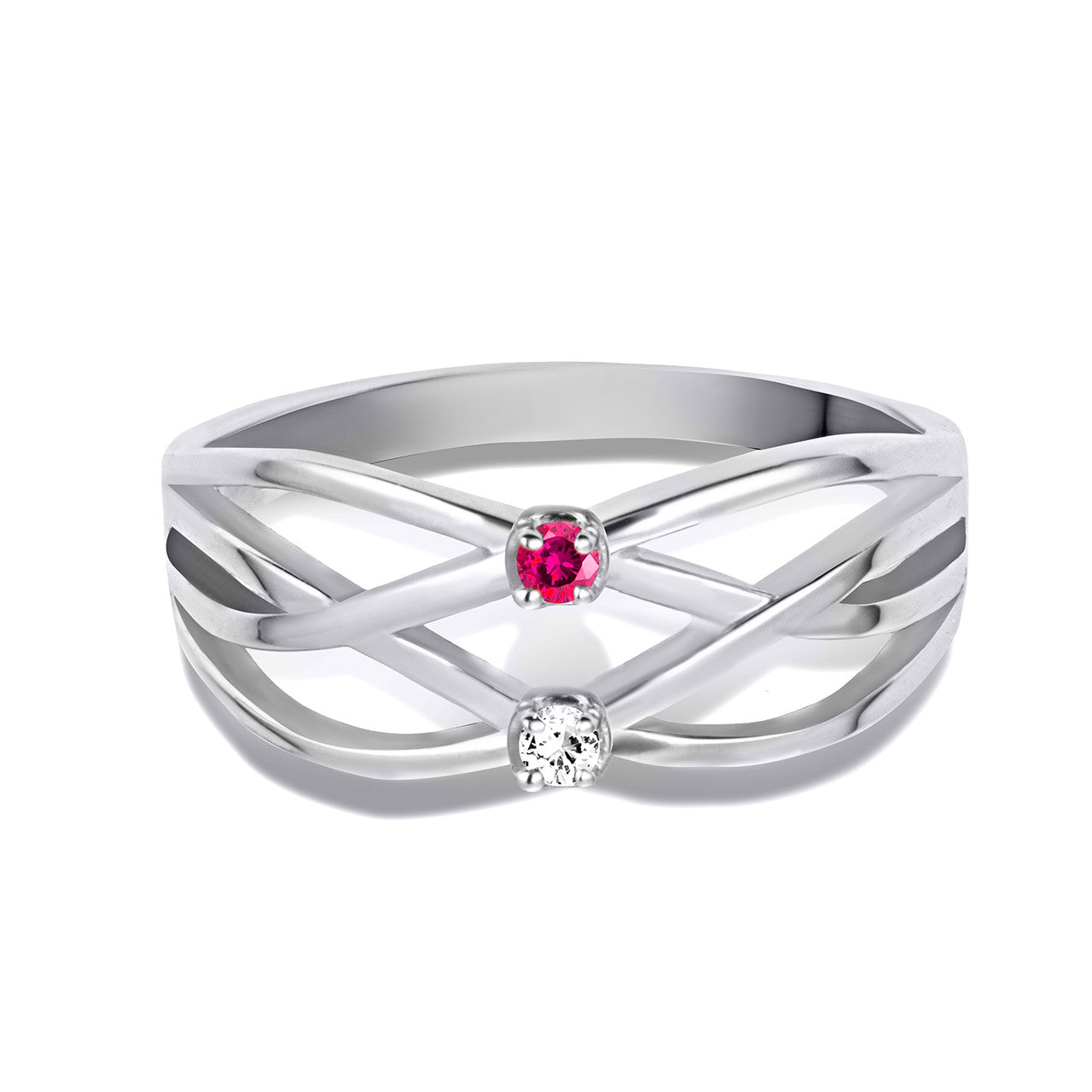 Silver Personalized 2 Birthstone Cross Over Ring