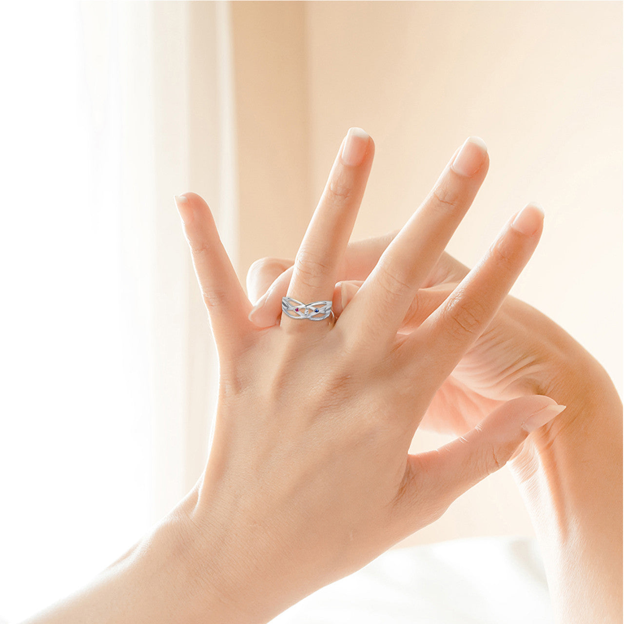 Silver Personalized 3 Birthstone Cross Over Ring
