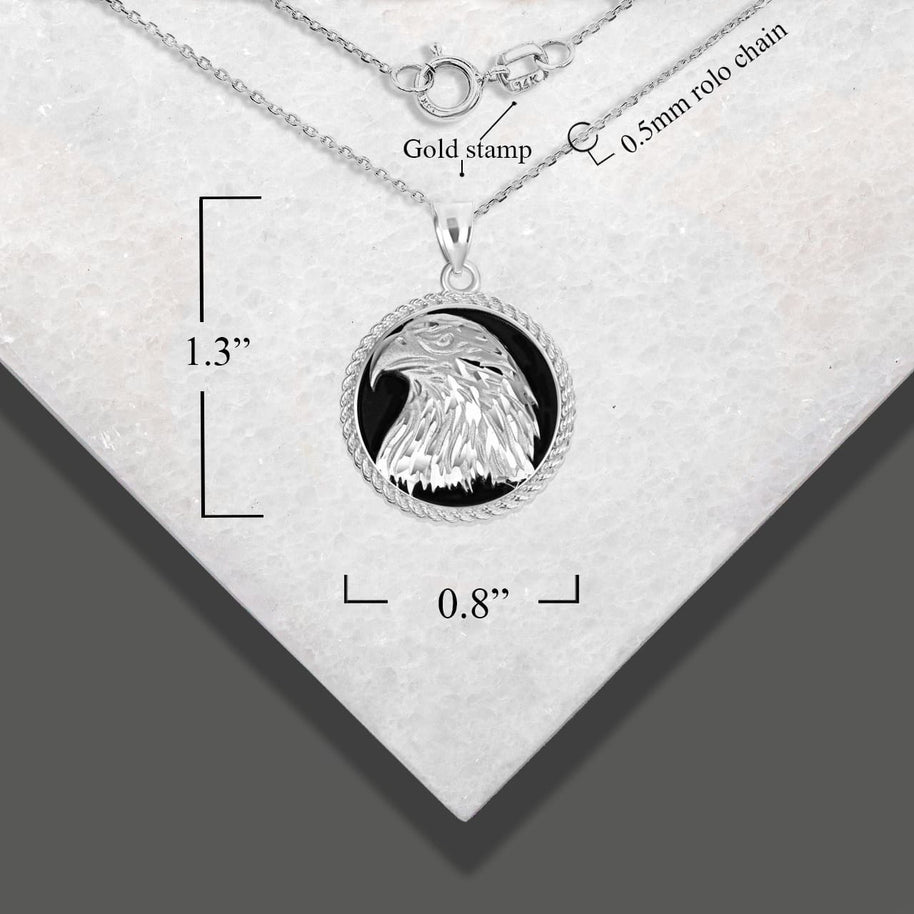 .925 Sterling Silver Diamond Cut Eagle Black Onyx Rope Medallion Pendant Necklace