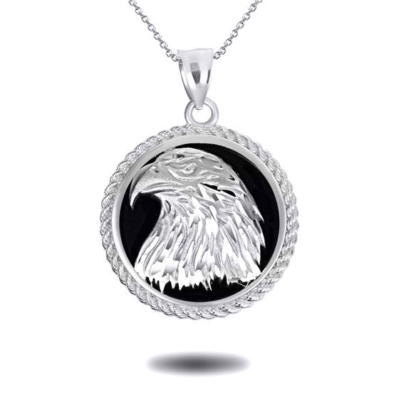 Gold Diamond Cut Eagle Black Onyx Rope Medallion Pendant Necklace (Available in Yellow/White Gold)