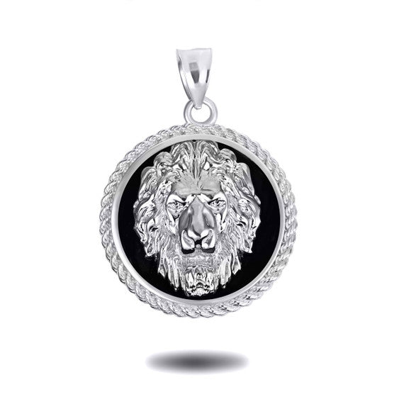 .925 Sterling Silver Black Onyx Lion Rope Medallion Pendant Necklace