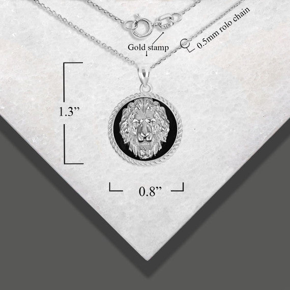 .925 Sterling Silver Black Onyx Lion Rope Medallion Pendant Necklace