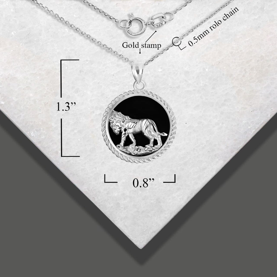 .925 Sterling Silver Diamond Cut Lion Black Onyx Rope Medallion Pendant Necklace