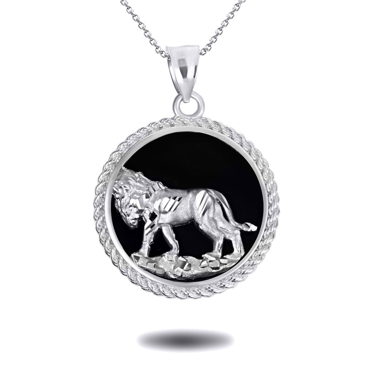 .925 Sterling Silver Diamond Cut Lion Black Onyx Rope Medallion Pendant Necklace