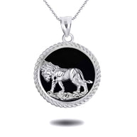 .925 Sterling Silver Diamond Cut Lion Black Onyx Rope Medallion Pendant Necklace