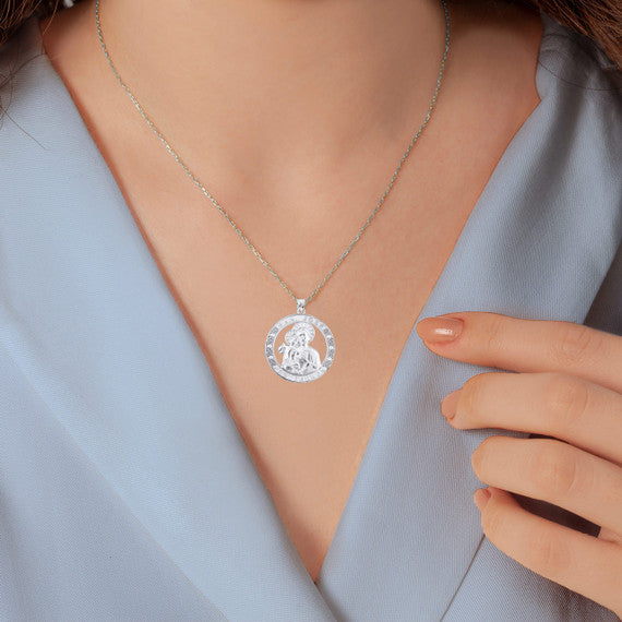925 Sterling Silver Cubic Zirconia Patron Saint Joseph Baby Jesus Pendant Necklace