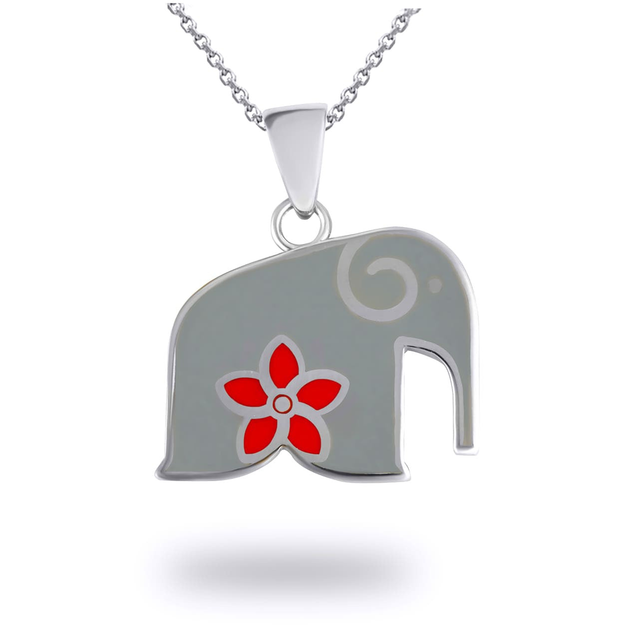 White Gold Elephant Red Hawaiin Plumeria Flower Enamel Pendant Necklace