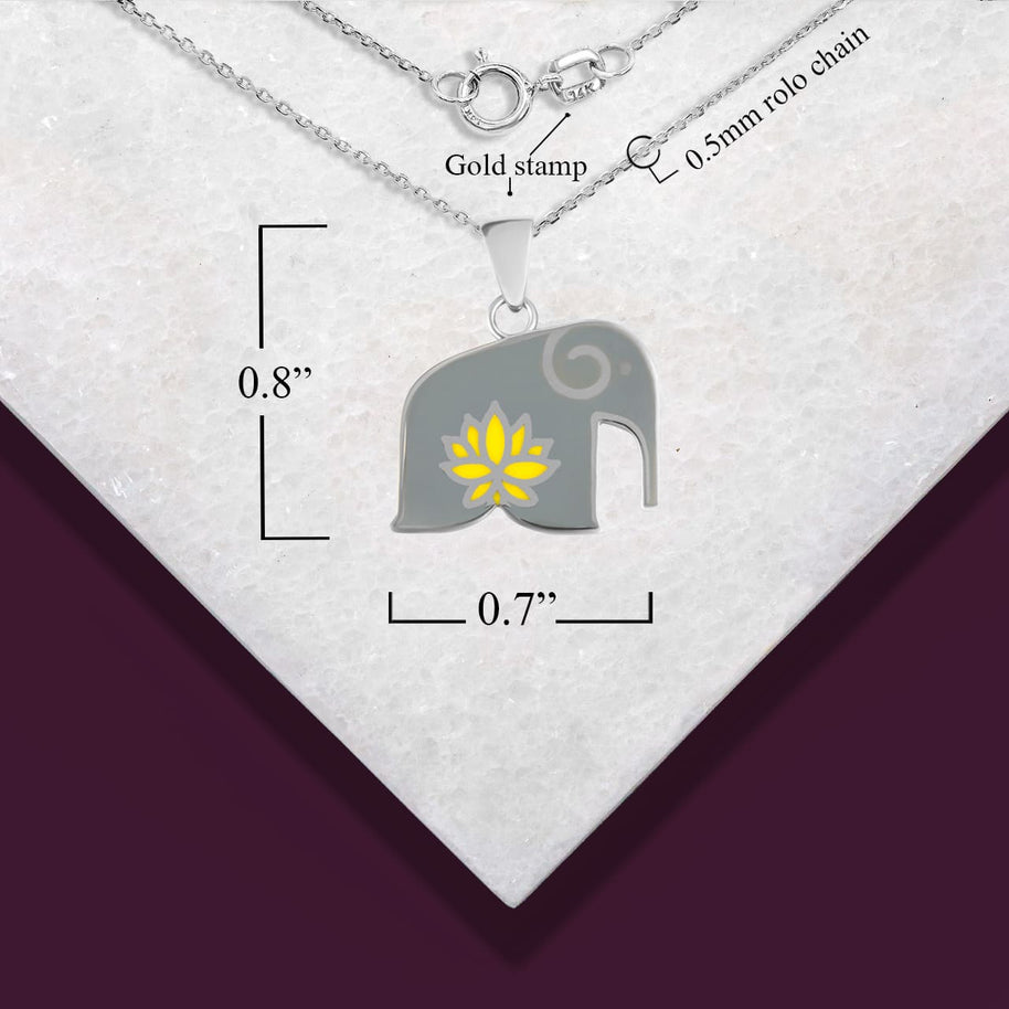 White Gold Elephant Yellow Lotus Flower Enamel Pendant Necklace