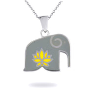 White Gold Elephant Yellow Lotus Flower Enamel Pendant Necklace