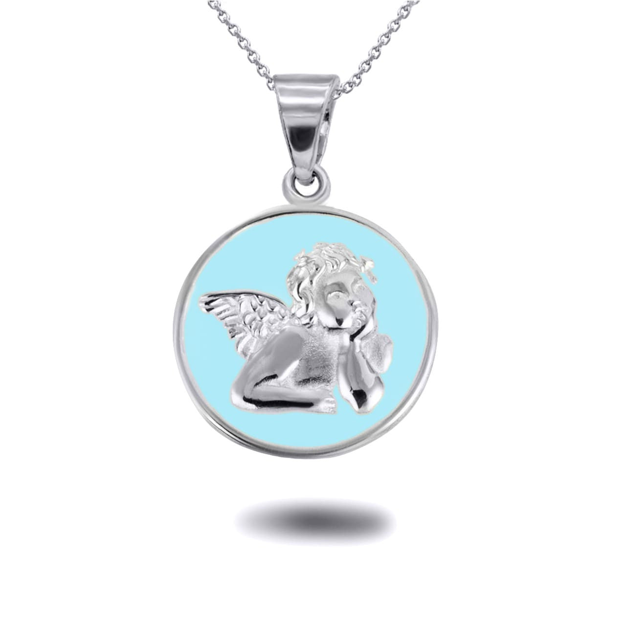 .925 Sterling Silver Custom Enamel Cherub Angel Medallion Pendant Necklace
