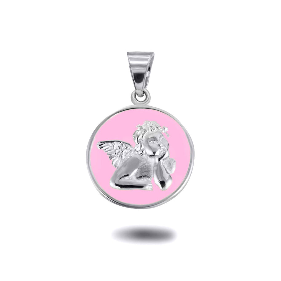 .925 Sterling Silver Custom Enamel Cherub Angel Medallion Pendant Necklace