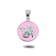 .925 Sterling Silver Custom Enamel Cherub Angel Medallion Pendant Necklace