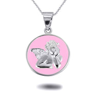 .925 Sterling Silver Custom Enamel Cherub Angel Medallion Pendant Necklace