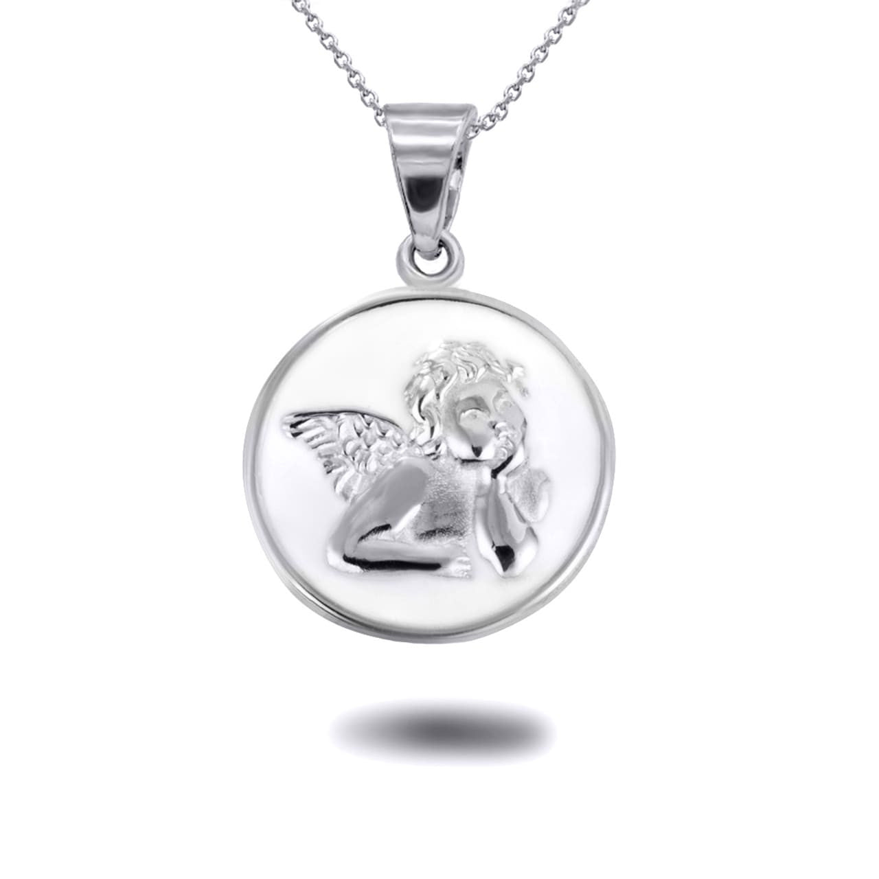 .925 Sterling Silver Custom Enamel Cherub Angel Medallion Pendant Necklace