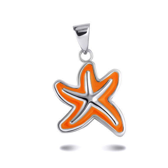 Gold Orange Enamel Sea Starfish Ocean Pendant Necklace (Available in Yellow/Rose/White Gold)