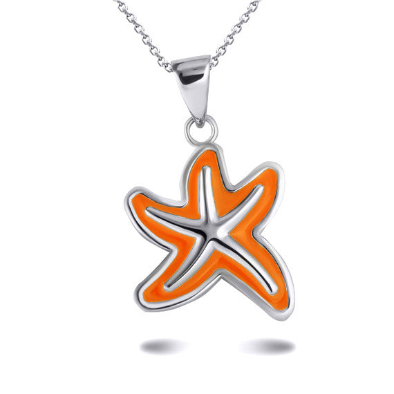 Gold Orange Enamel Sea Starfish Ocean Pendant Necklace (Available in Yellow/Rose/White Gold)
