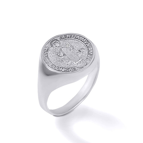 .925 Sterling Silver Patron Saint Benedict Medal Signet Ring