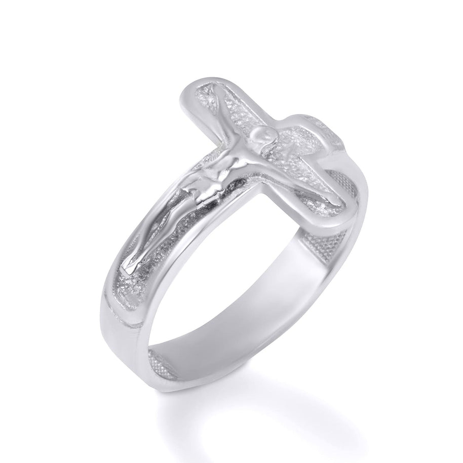.925 Sterling Silver Sideways Jesus Christ Cross Crucifix Ring