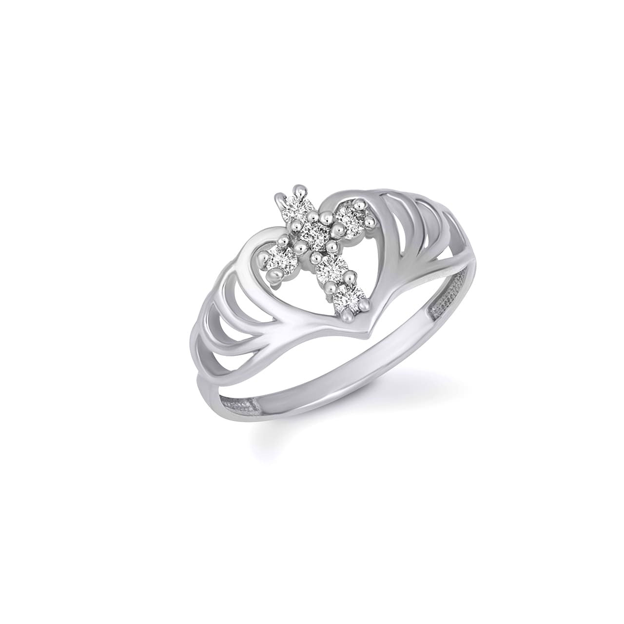 Gold Cubic Zirconia Cross Heart Filigree Ring (Available in Yellow/Rose/White Gold)